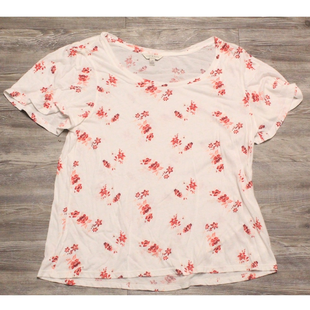 Lucky Brand Tee Women's Large White Red Floral Cotton Modal Short Sleeve